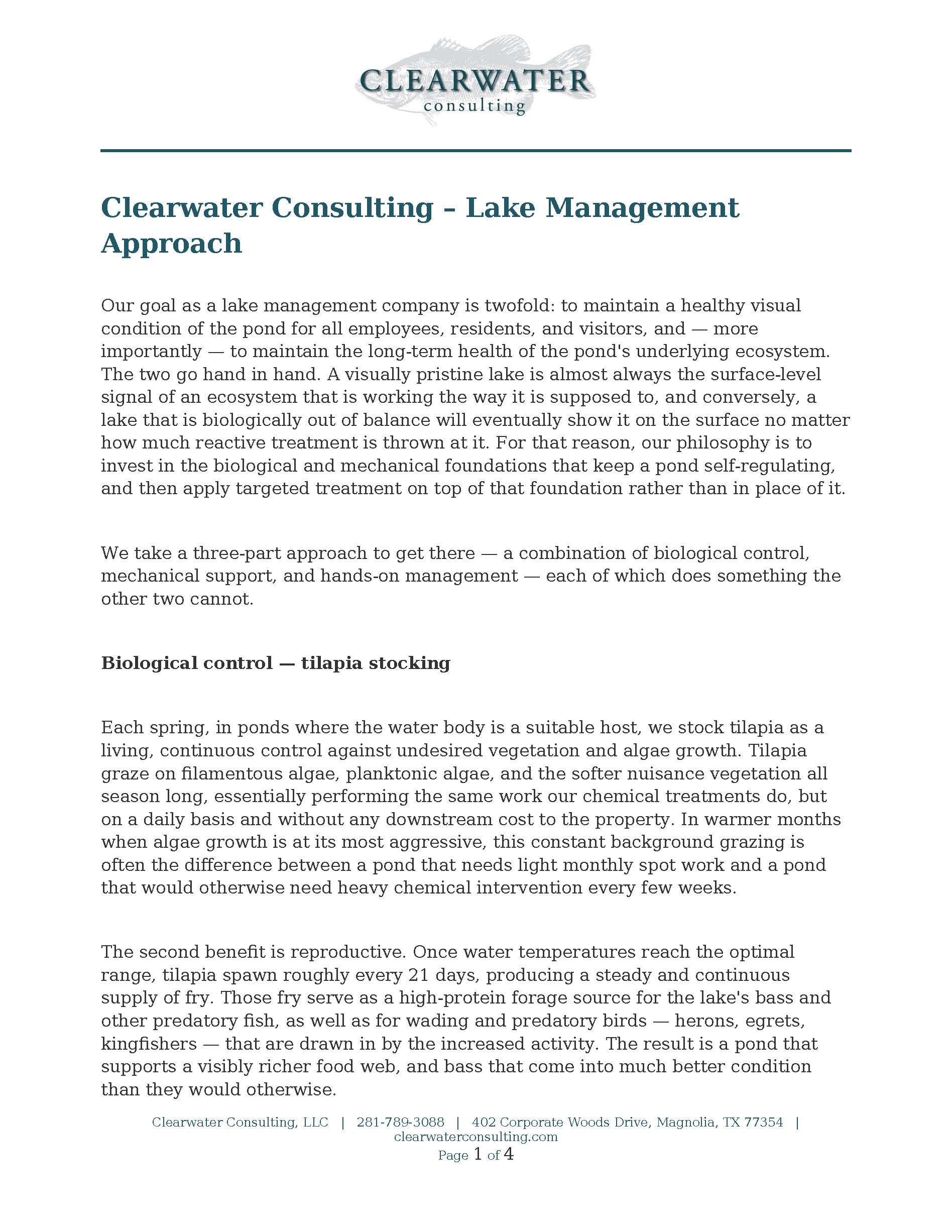 Clearwater Consulting lake management approach document — page 1, biological control and tilapia stocking