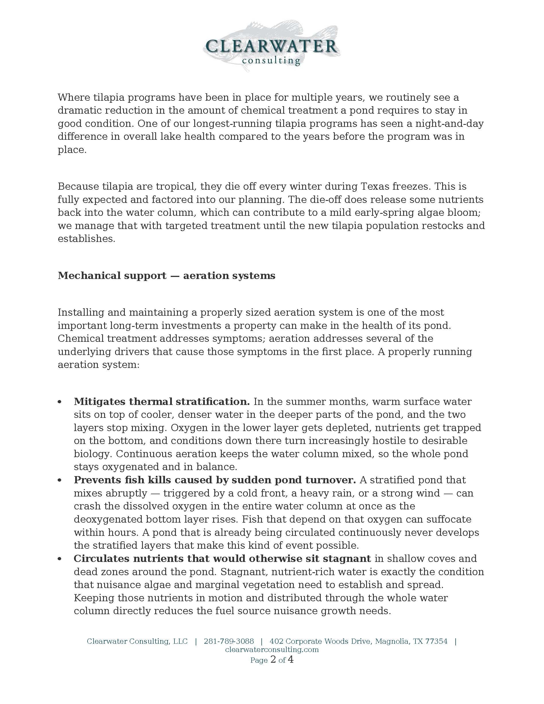 Clearwater Consulting lake management approach document — page 2, aeration systems